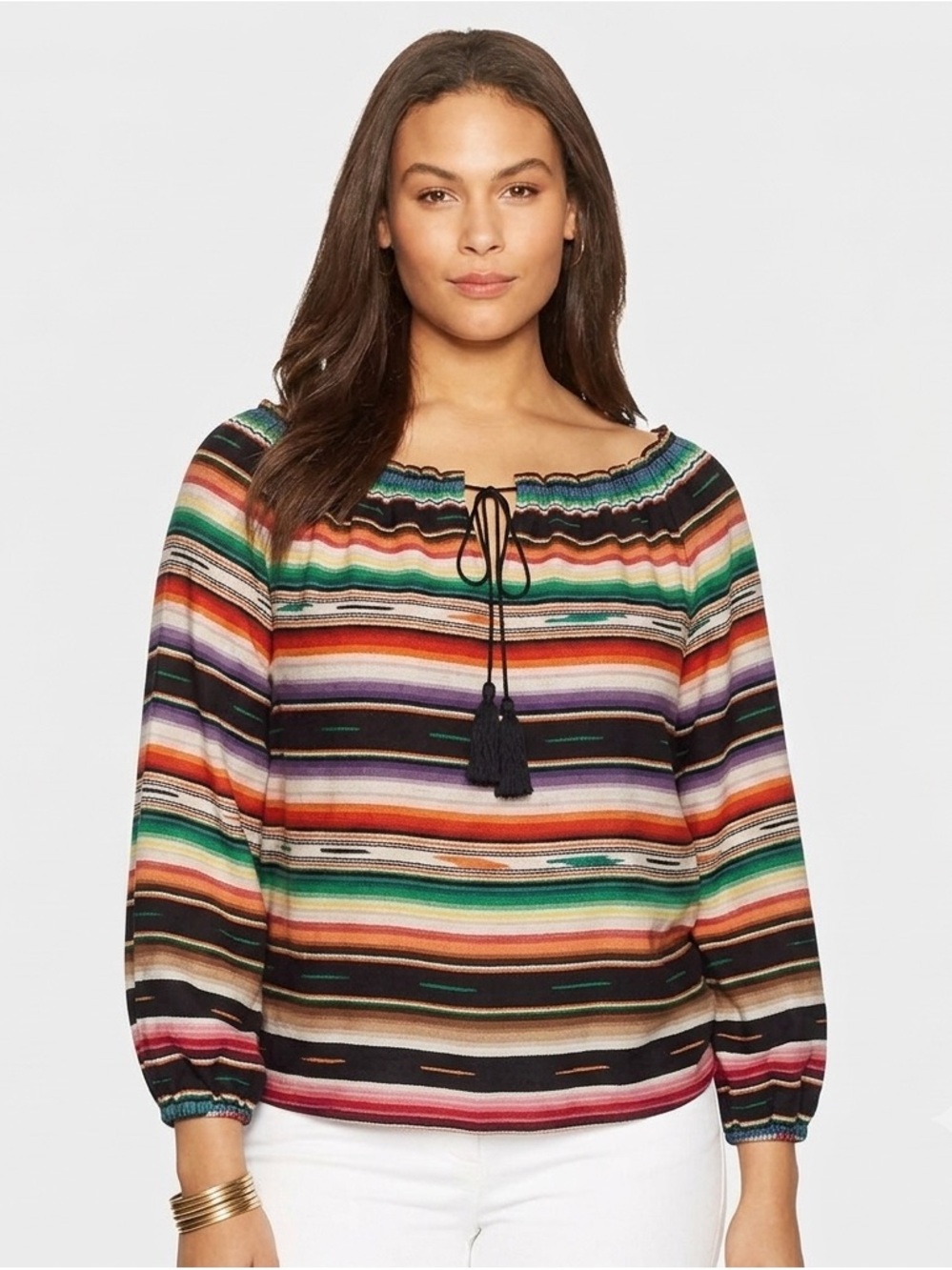 Lauren Ralph Lauren Serape Southwest Print Tassel Tie Peasant Top Size Medium